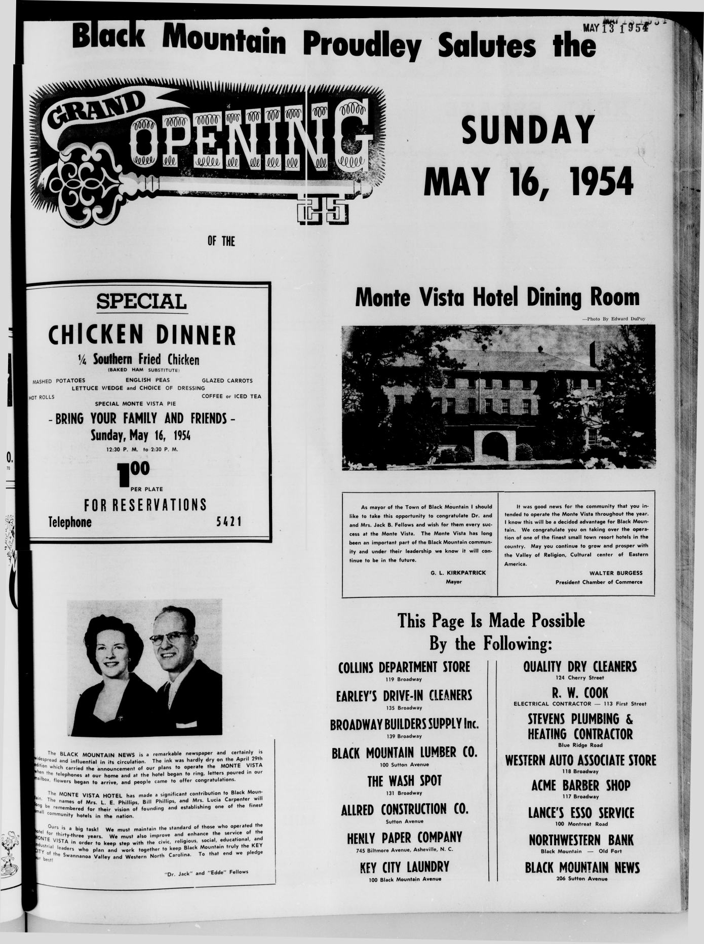 Ad: Black Mountain proudly salutes the grand opening of the Monte Vista Hotel Dining Room
