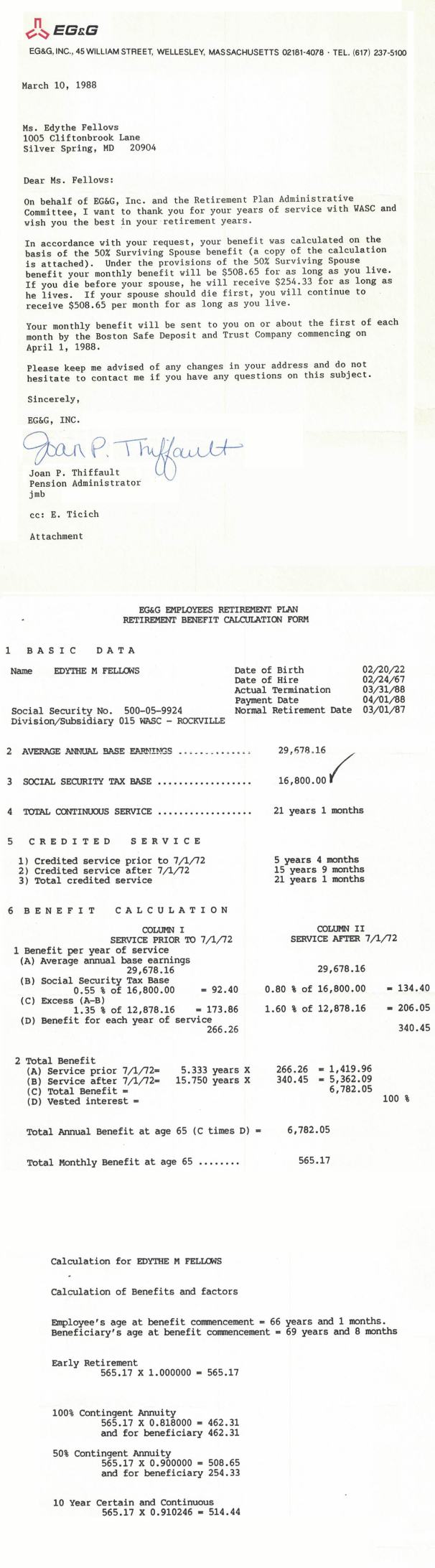 Retirement benefit document EG&G